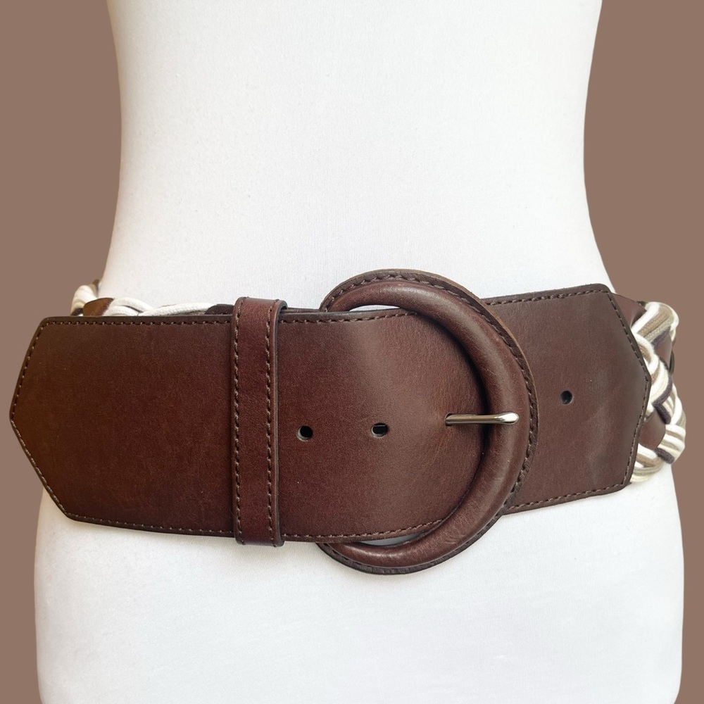 Brown Leather Wide Oversized Woven Belt Festival Circle Buckle Size M